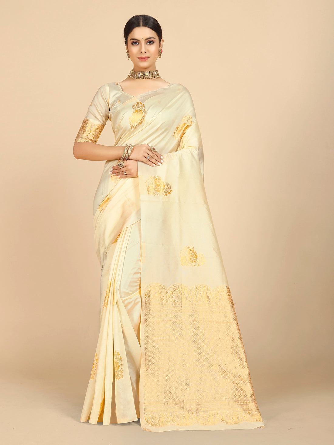 Buy Ethnic Motifs Banarasi Silk Saree With Blouse Piece-Cream