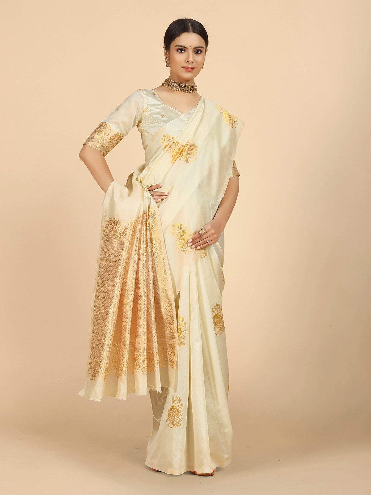 Buy Ethnic Motifs Banarasi Silk Saree With Blouse Piece-Cream