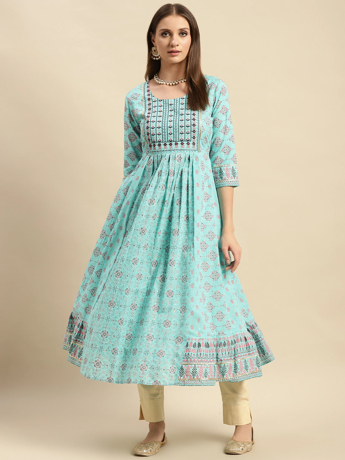 Buy 100% Cotton Yoke Embroidered Calf Length Anarkali-Light Blue