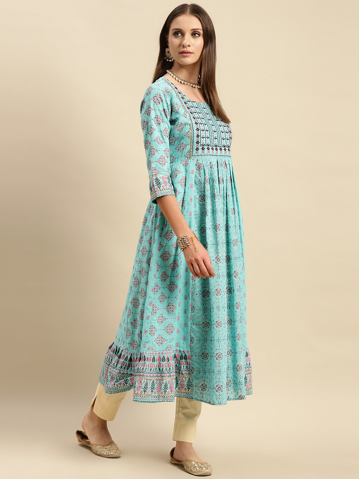 Buy 100% Cotton Yoke Embroidered Calf Length Anarkali-Light Blue