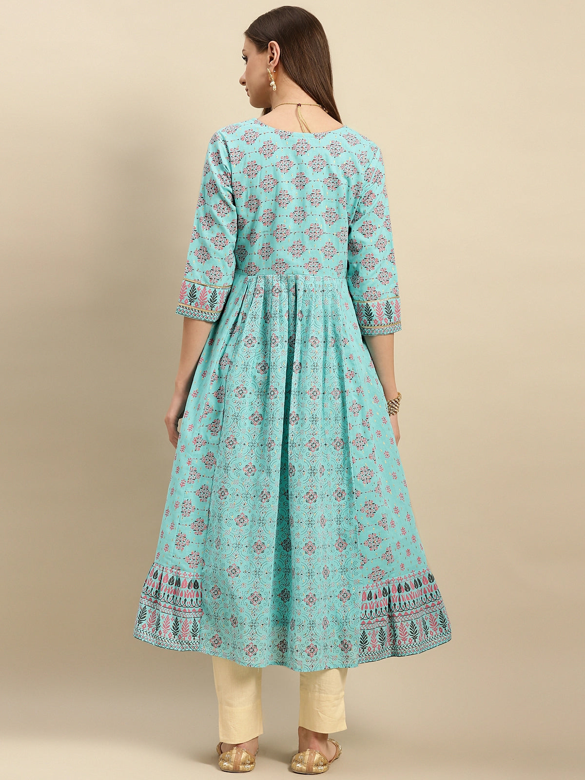 Buy 100% Cotton Yoke Embroidered Calf Length Anarkali-Light Blue