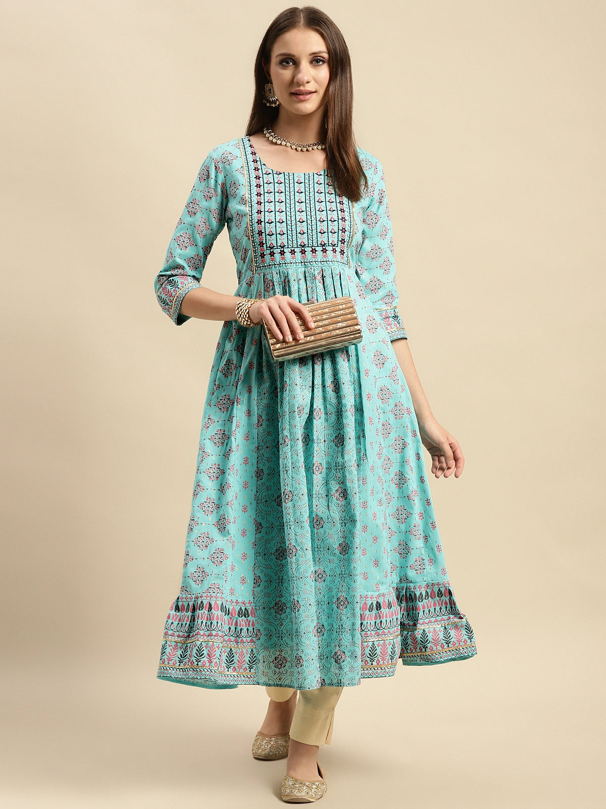 Buy 100% Cotton Yoke Embroidered Calf Length Anarkali-Light Blue