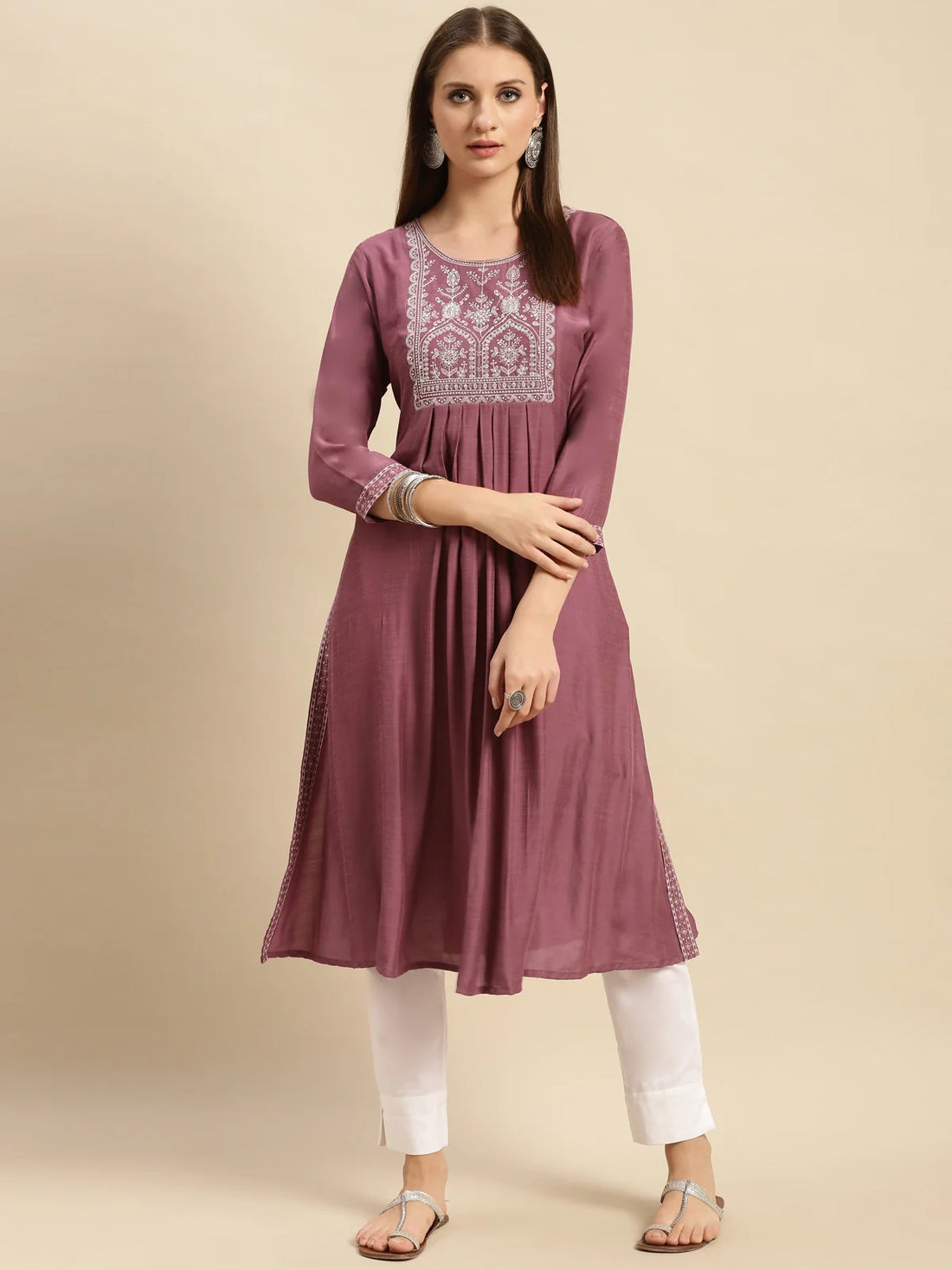 Buy Viscose Blend Yoke Embroidered Calf Length Partywear A-line Kurta-Mauve