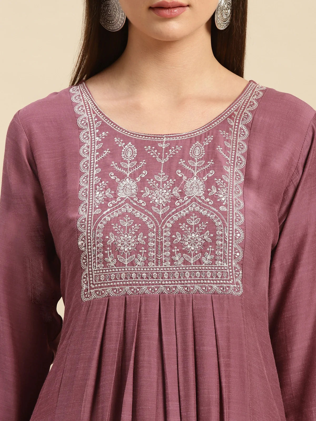 Buy Viscose Blend Yoke Embroidered Calf Length Partywear A-line Kurta-Mauve