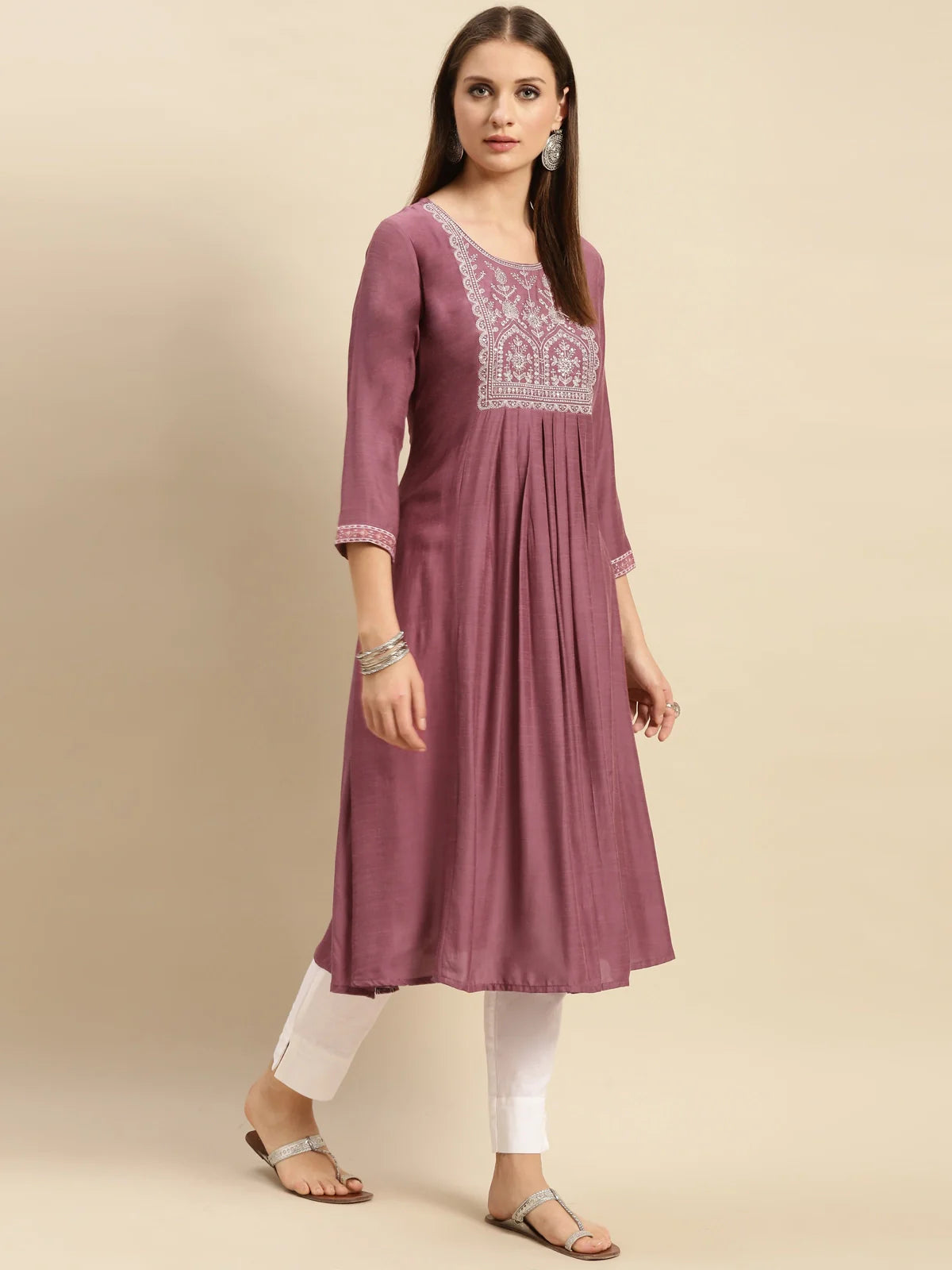 Buy Viscose Blend Yoke Embroidered Calf Length Partywear A-line Kurta-Mauve