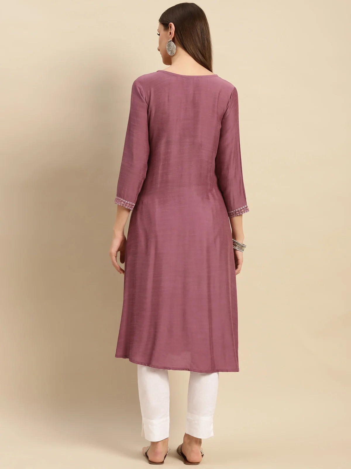 Buy Viscose Blend Yoke Embroidered Calf Length Partywear A-line Kurta-Mauve