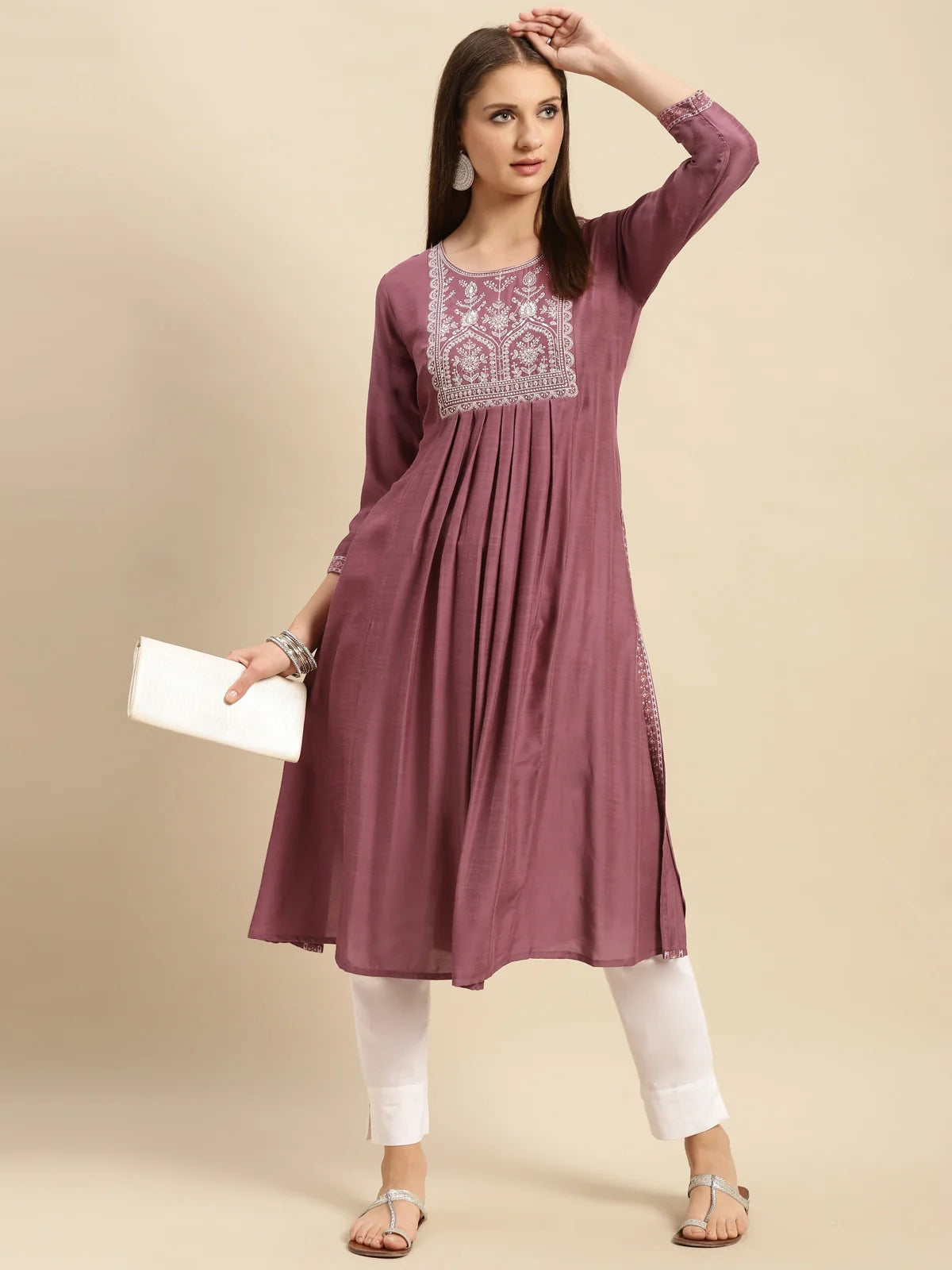 Buy Viscose Blend Yoke Embroidered Calf Length Partywear A-line Kurta-Mauve