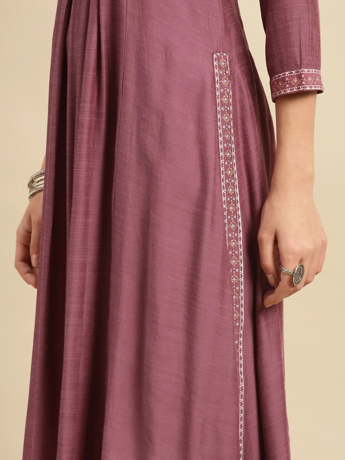 Buy Viscose Blend Yoke Embroidered Calf Length Partywear A-line Kurta-Mauve