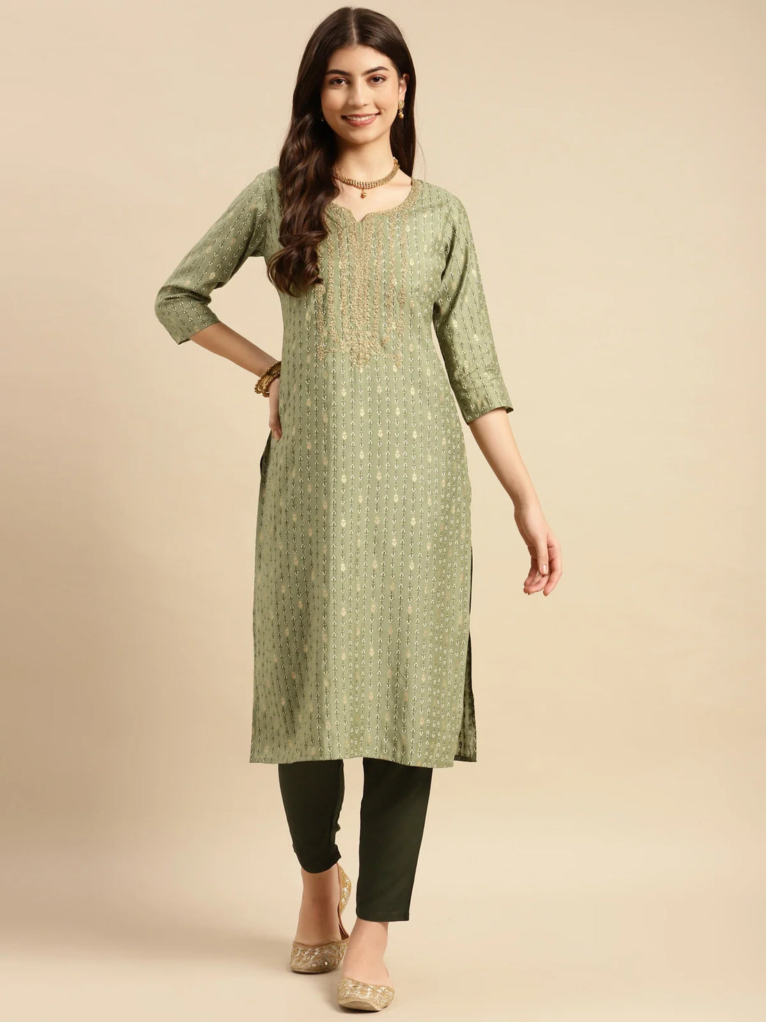 Buy Embroidered Print Calf Length Partywear Straight Kurta With Pant-Green