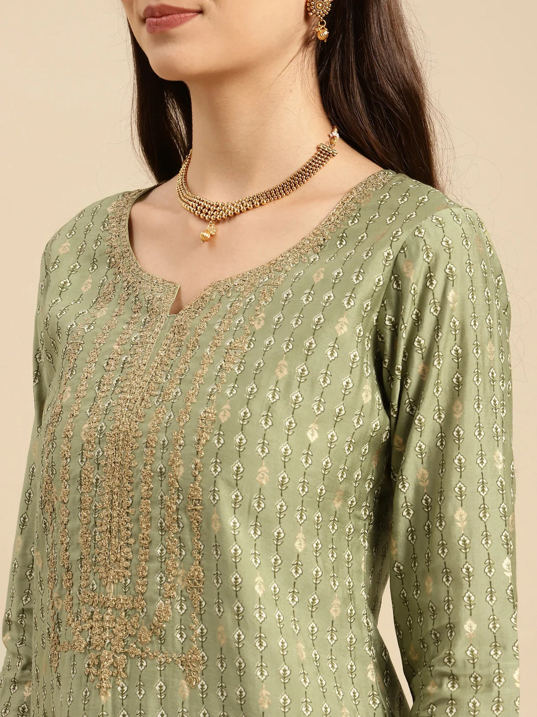 Buy Embroidered Print Calf Length Partywear Straight Kurta With Pant-Green