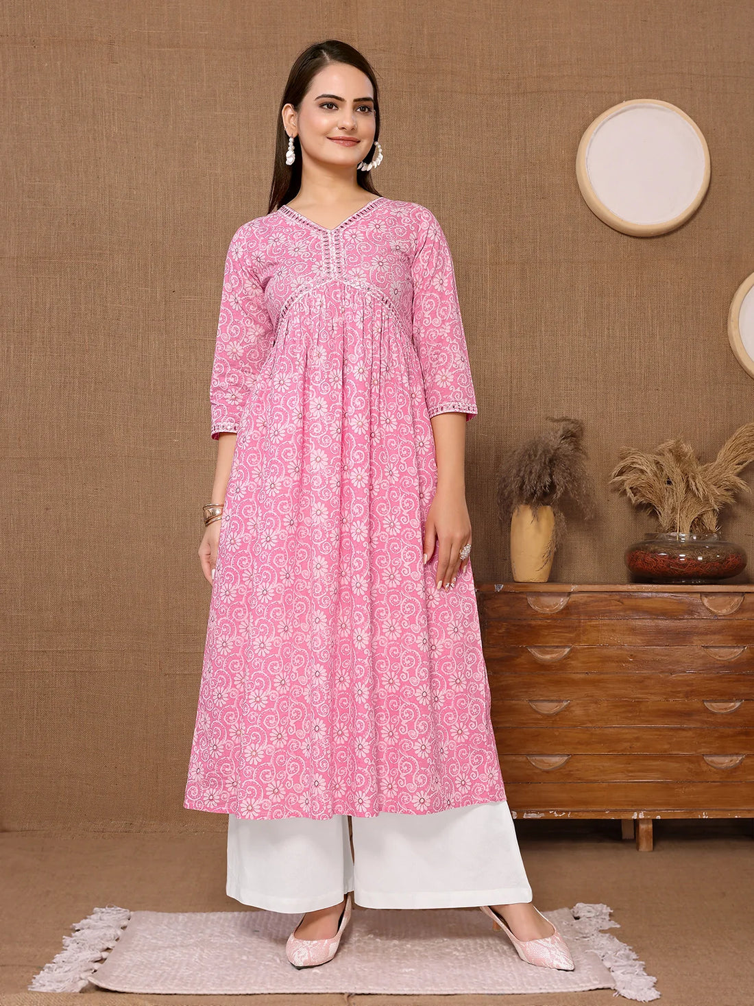 Buy Cotton Embroidered Calf Length Flared Kurta-Pink