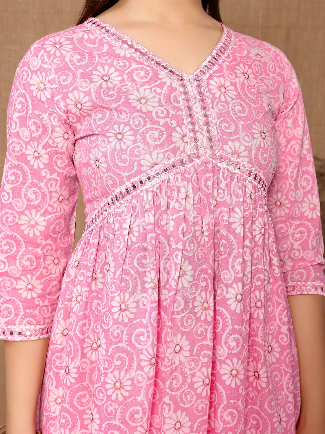 Buy Cotton Embroidered Calf Length Flared Kurta-Pink