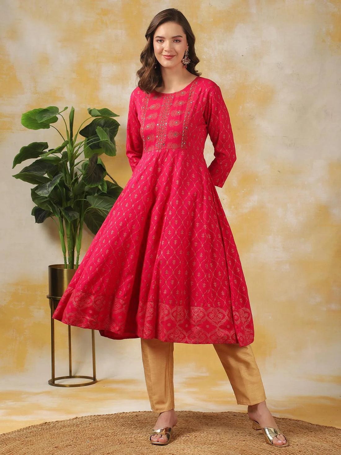 Buy Rayon Embroidered Calf Length Anarkali Kurta-Pink