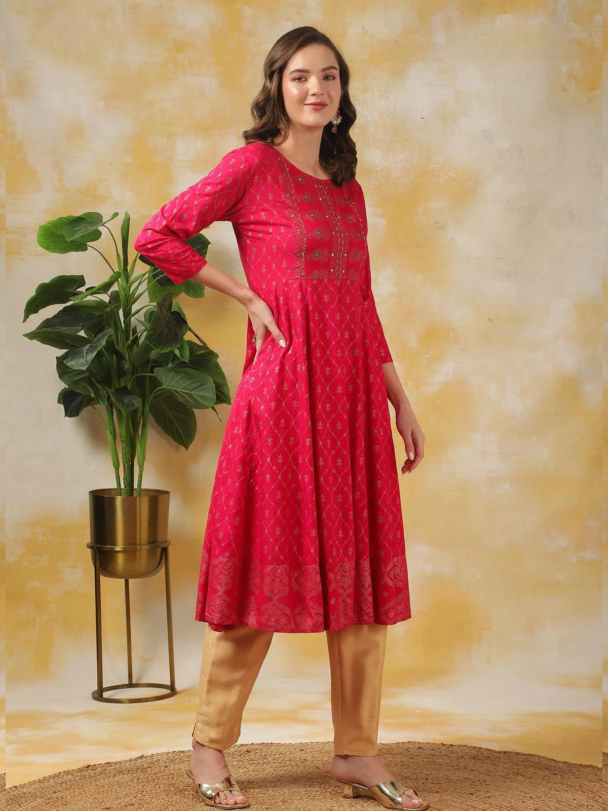 Buy Rayon Embroidered Calf Length Anarkali Kurta-Pink