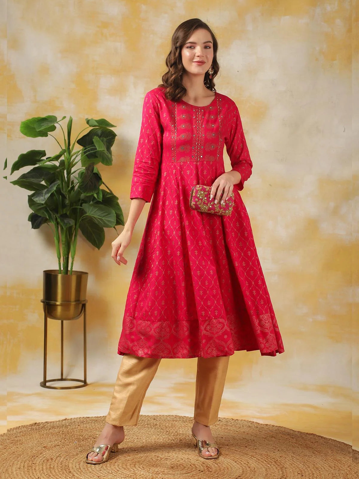 Buy Rayon Embroidered Calf Length Anarkali Kurta-Pink