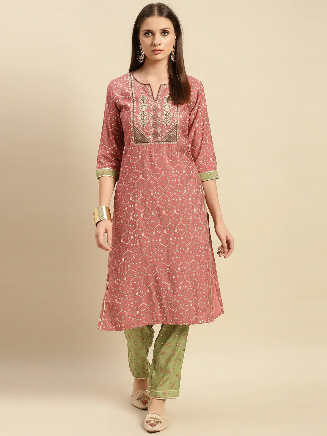 Buy Embroidered Print Calf Length Partywear Straight Kurta With Pant-Peach