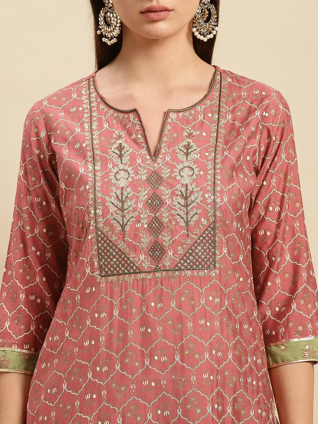 Buy Embroidered Print Calf Length Partywear Straight Kurta With Pant-Peach