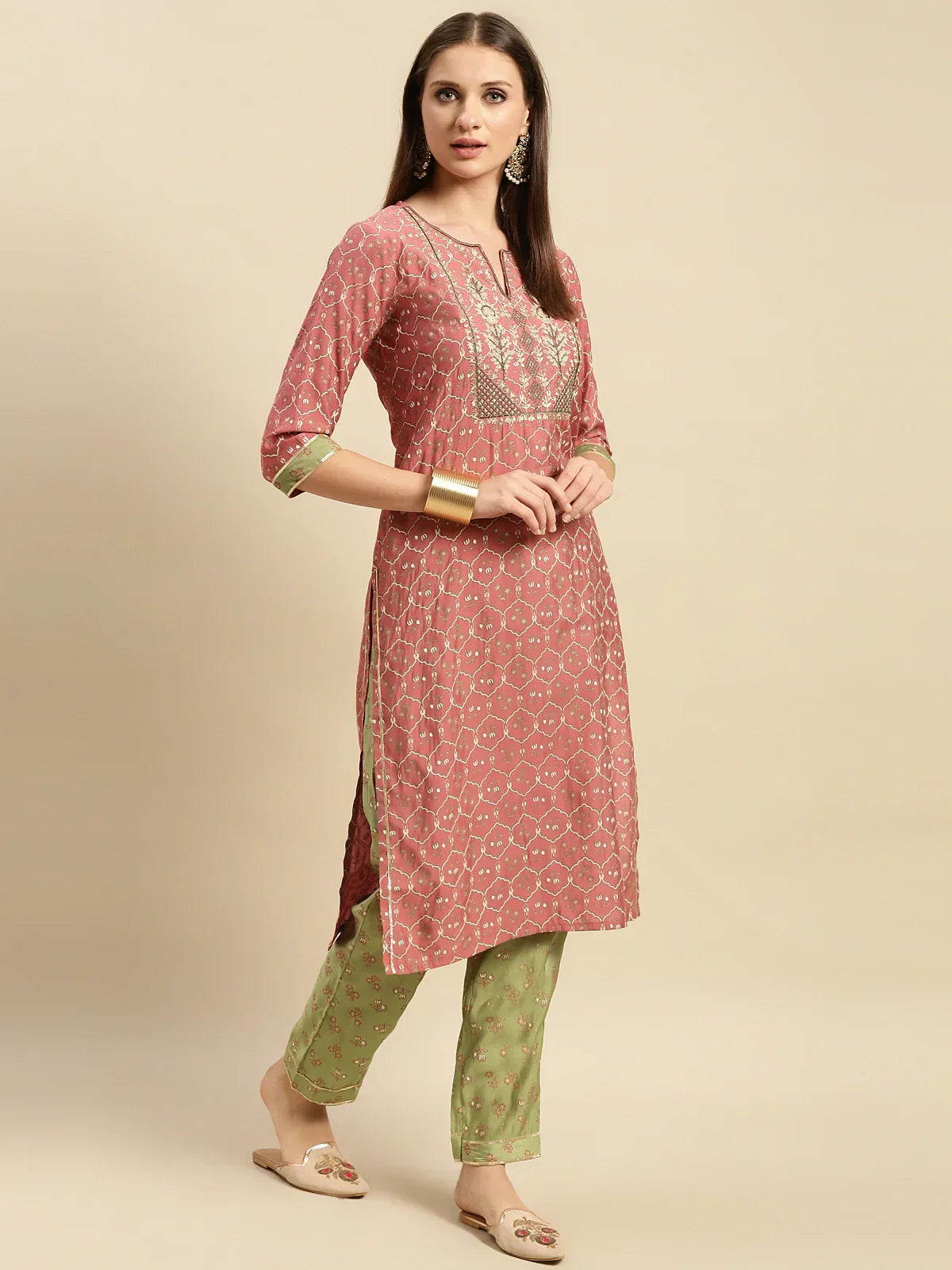 Buy Embroidered Print Calf Length Partywear Straight Kurta With Pant-Peach