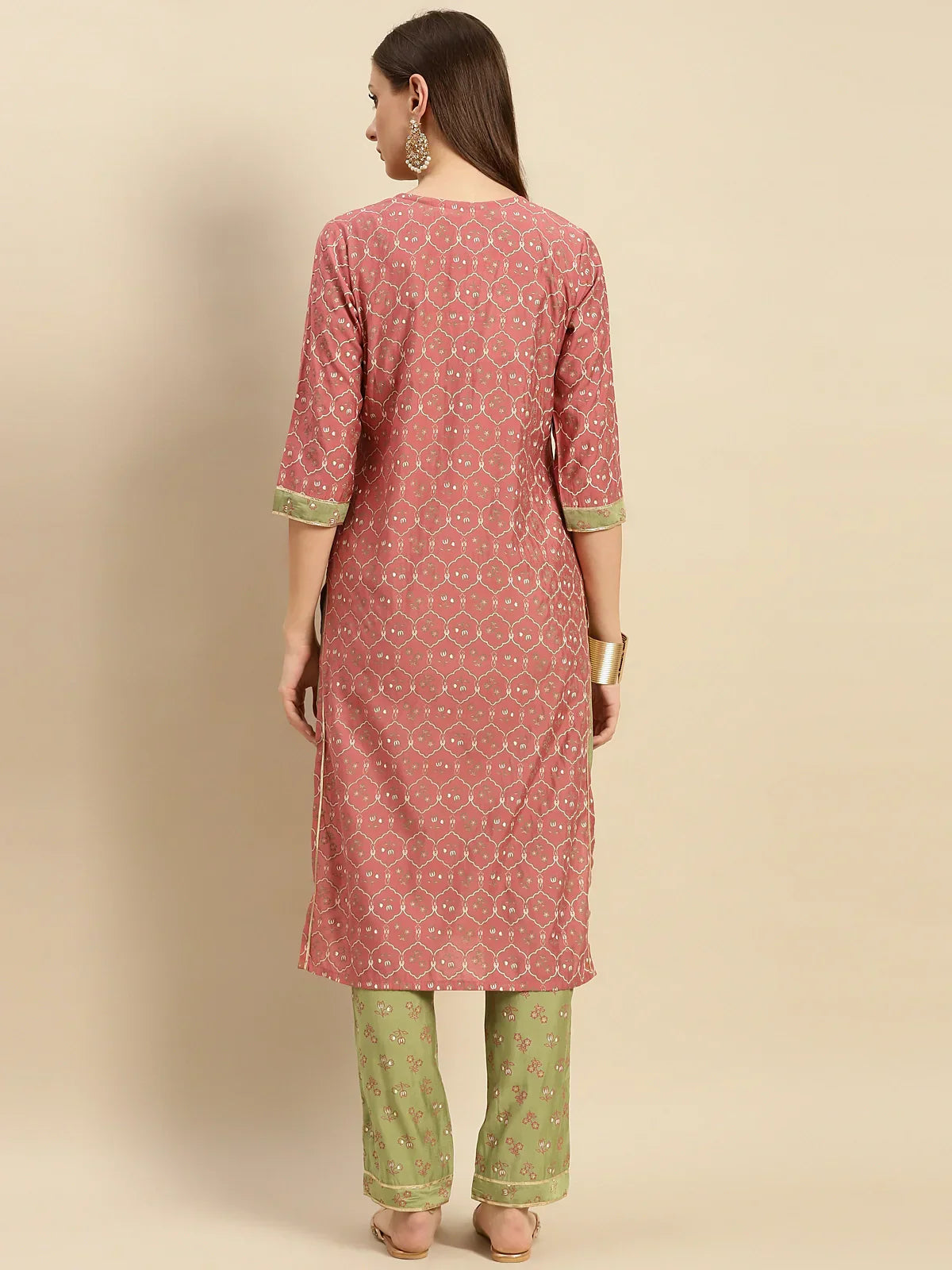 Buy Embroidered Print Calf Length Partywear Straight Kurta With Pant-Peach