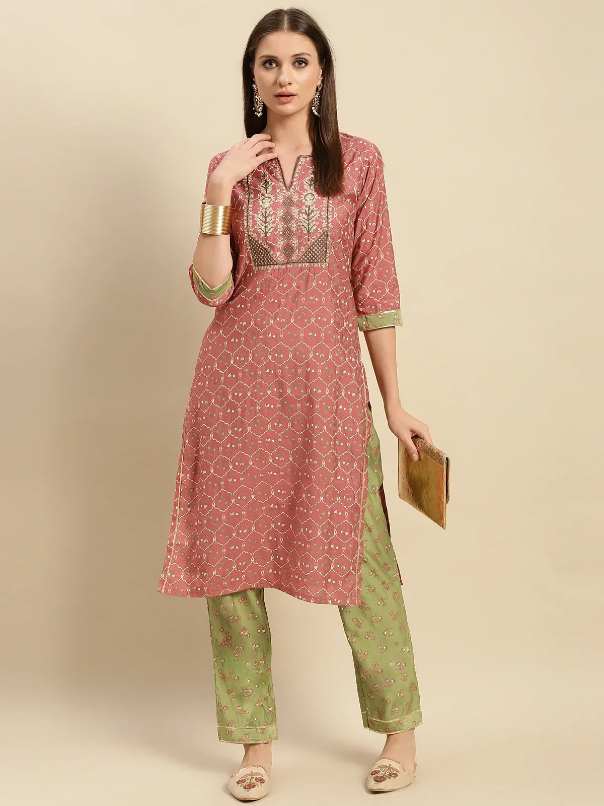 Buy Embroidered Print Calf Length Partywear Straight Kurta With Pant-Peach