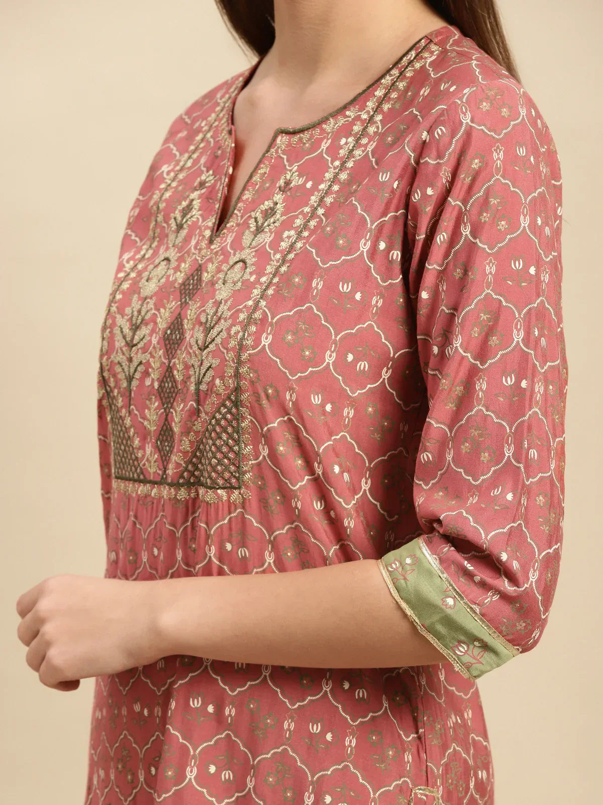 Buy Embroidered Print Calf Length Partywear Straight Kurta With Pant-Peach