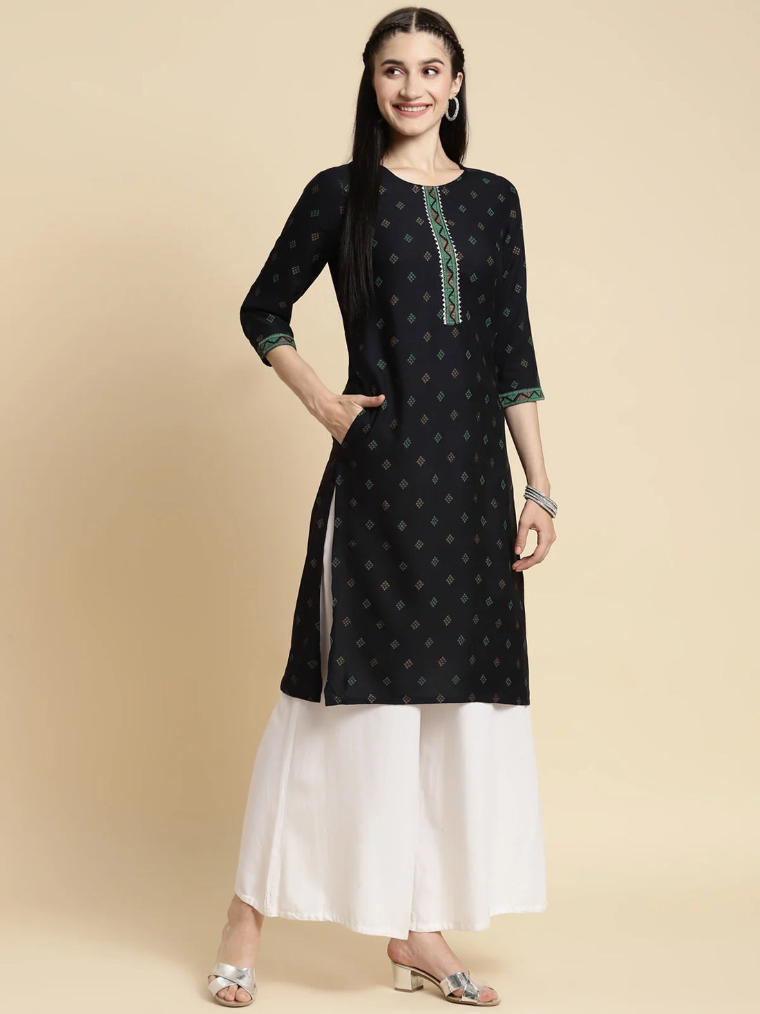 Buy Rayon Contrast Placket Buta Printed Knee Length Straight Kurta-Navy Blue