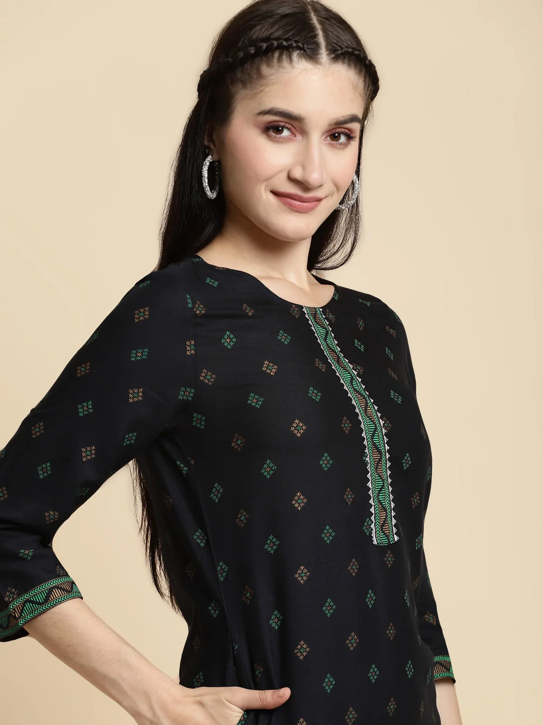 Buy Rayon Contrast Placket Buta Printed Knee Length Straight Kurta-Navy Blue