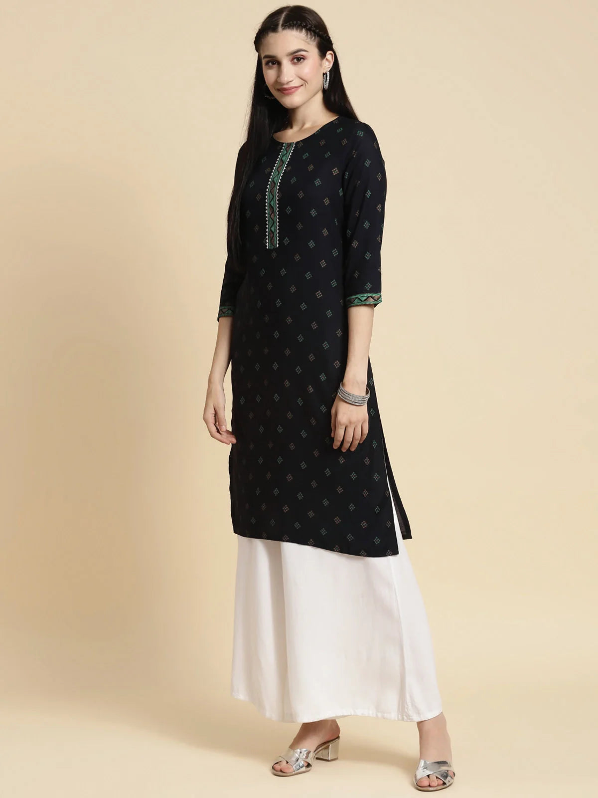 Buy Rayon Contrast Placket Buta Printed Knee Length Straight Kurta-Navy Blue