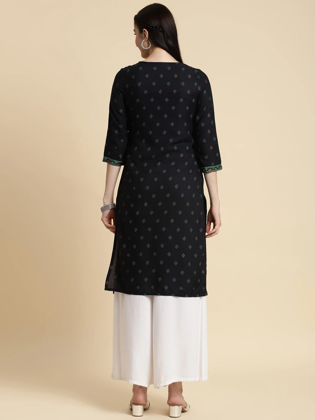 Buy Rayon Contrast Placket Buta Printed Knee Length Straight Kurta-Navy Blue