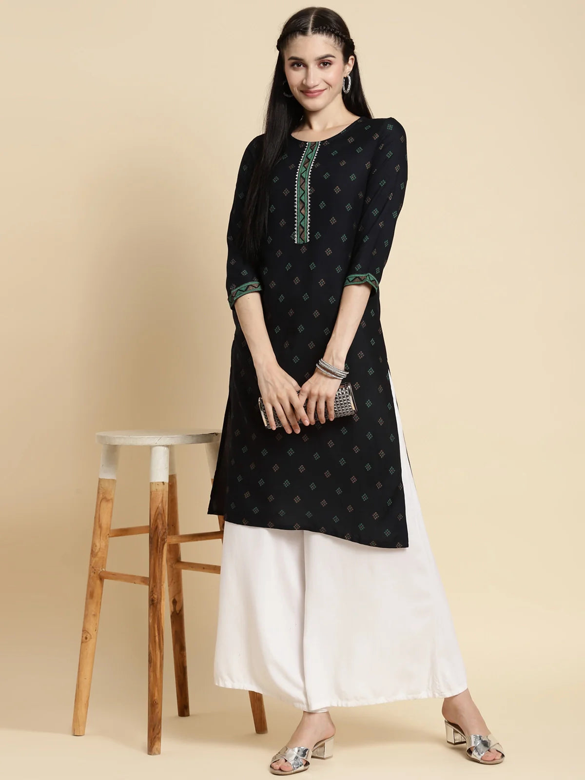 Buy Rayon Contrast Placket Buta Printed Knee Length Straight Kurta-Navy Blue