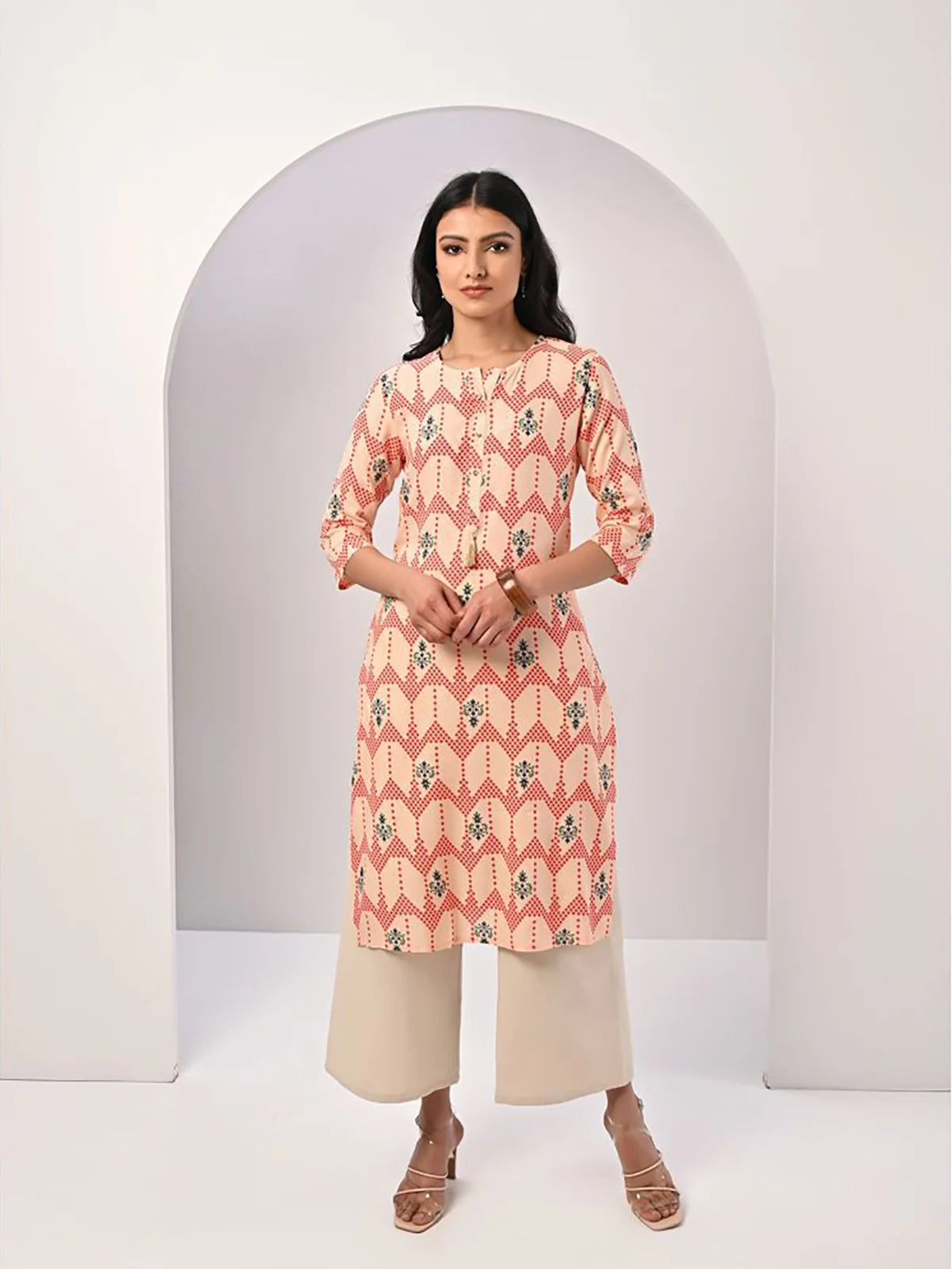 Buy Rayon Floral Printed Calf Length Straight Kurta-Peach