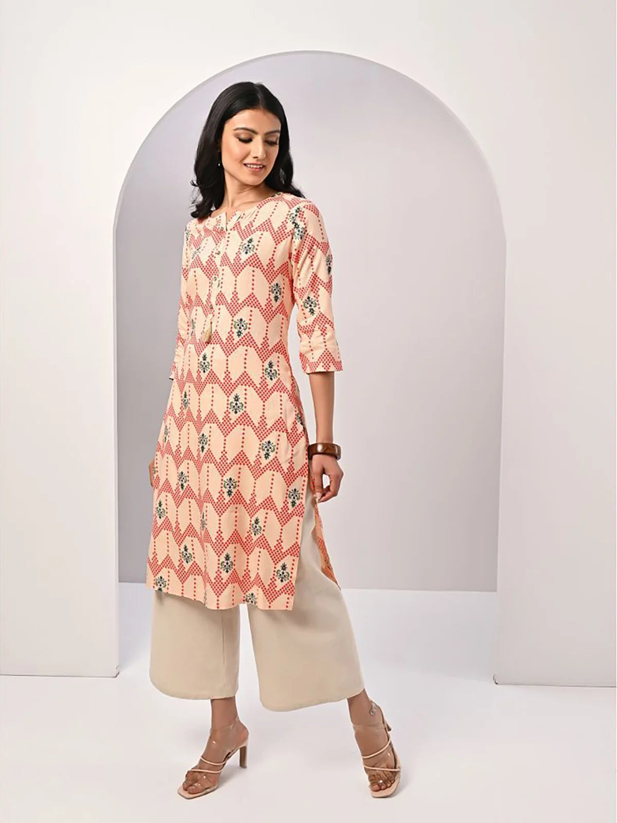 Buy Rayon Floral Printed Calf Length Straight Kurta-Peach