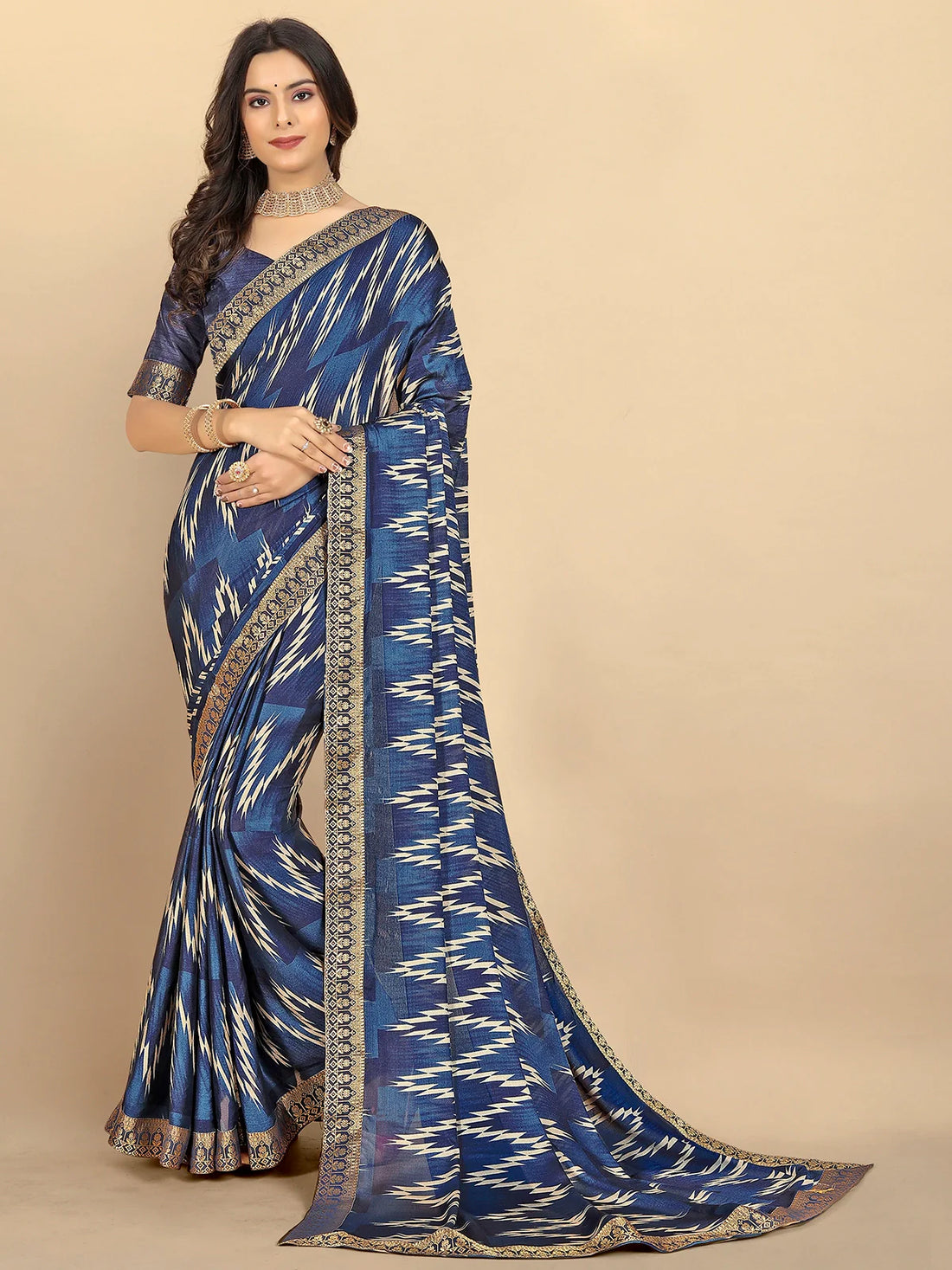 Buy Abstract Printed Moss Georgette Saree With Blouse Piece-Blue