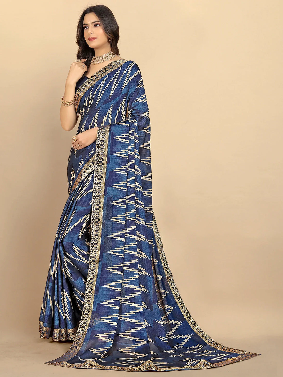 Buy Abstract Printed Moss Georgette Saree With Blouse Piece-Blue