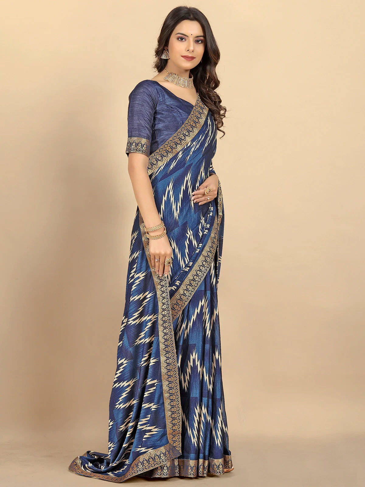 Buy Abstract Printed Moss Georgette Saree With Blouse Piece-Blue