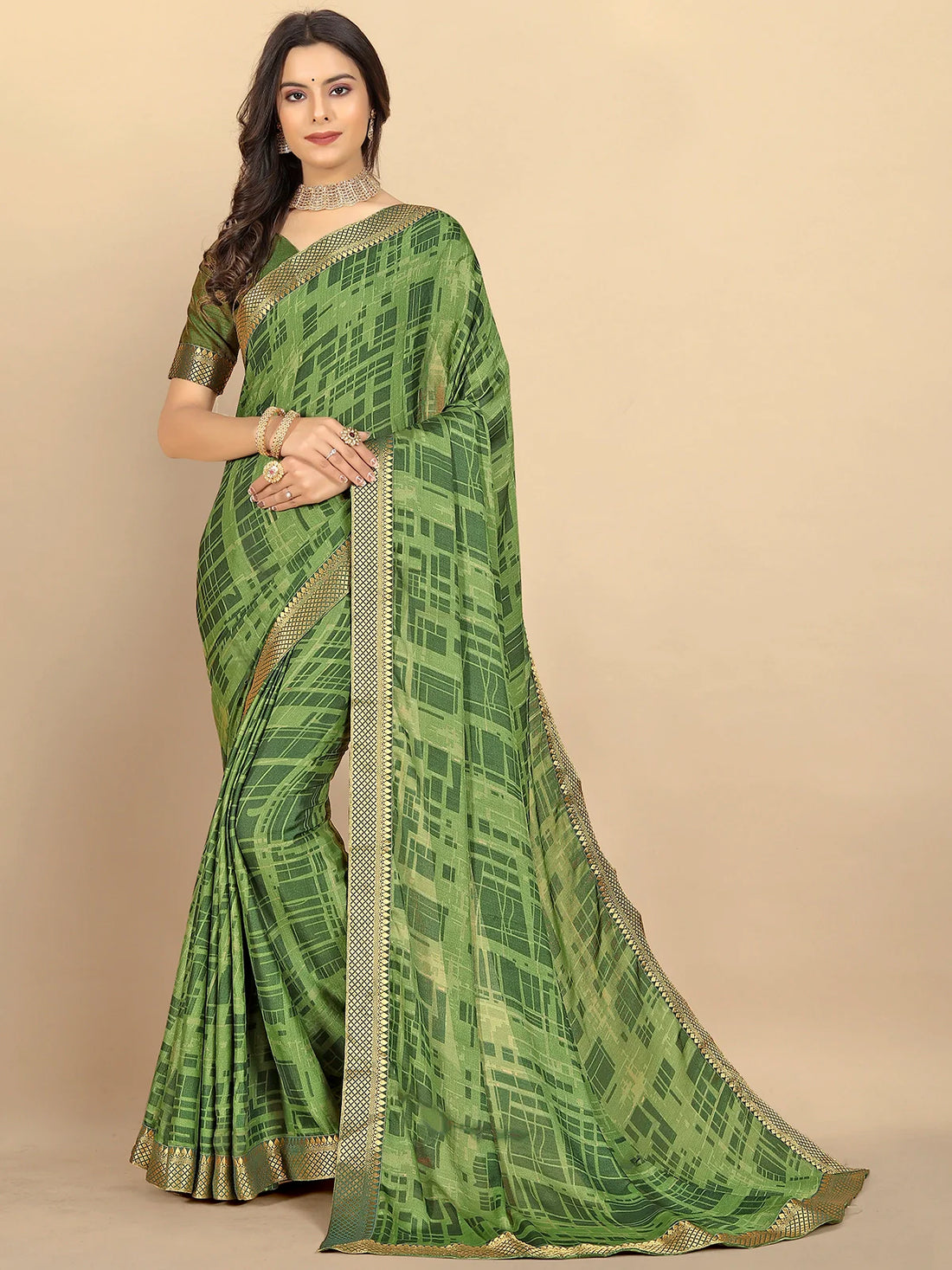 Buy Abstract Printed Moss Georgette Saree With Blouse Piece-Green