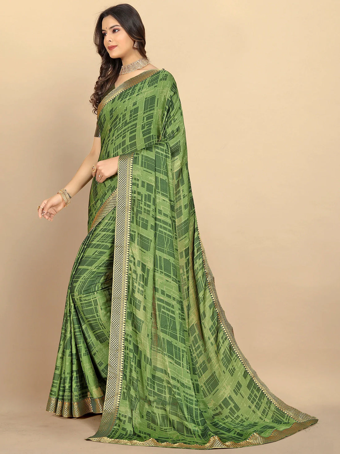 Buy Abstract Printed Moss Georgette Saree With Blouse Piece-Green