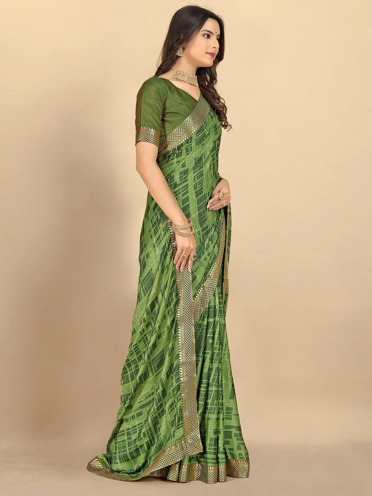 Buy Abstract Printed Moss Georgette Saree With Blouse Piece-Green