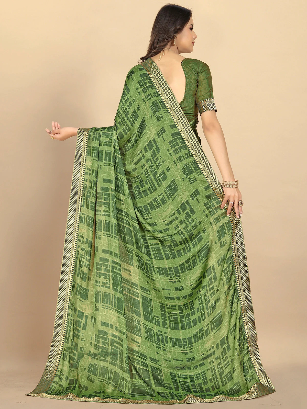 Buy Abstract Printed Moss Georgette Saree With Blouse Piece-Green