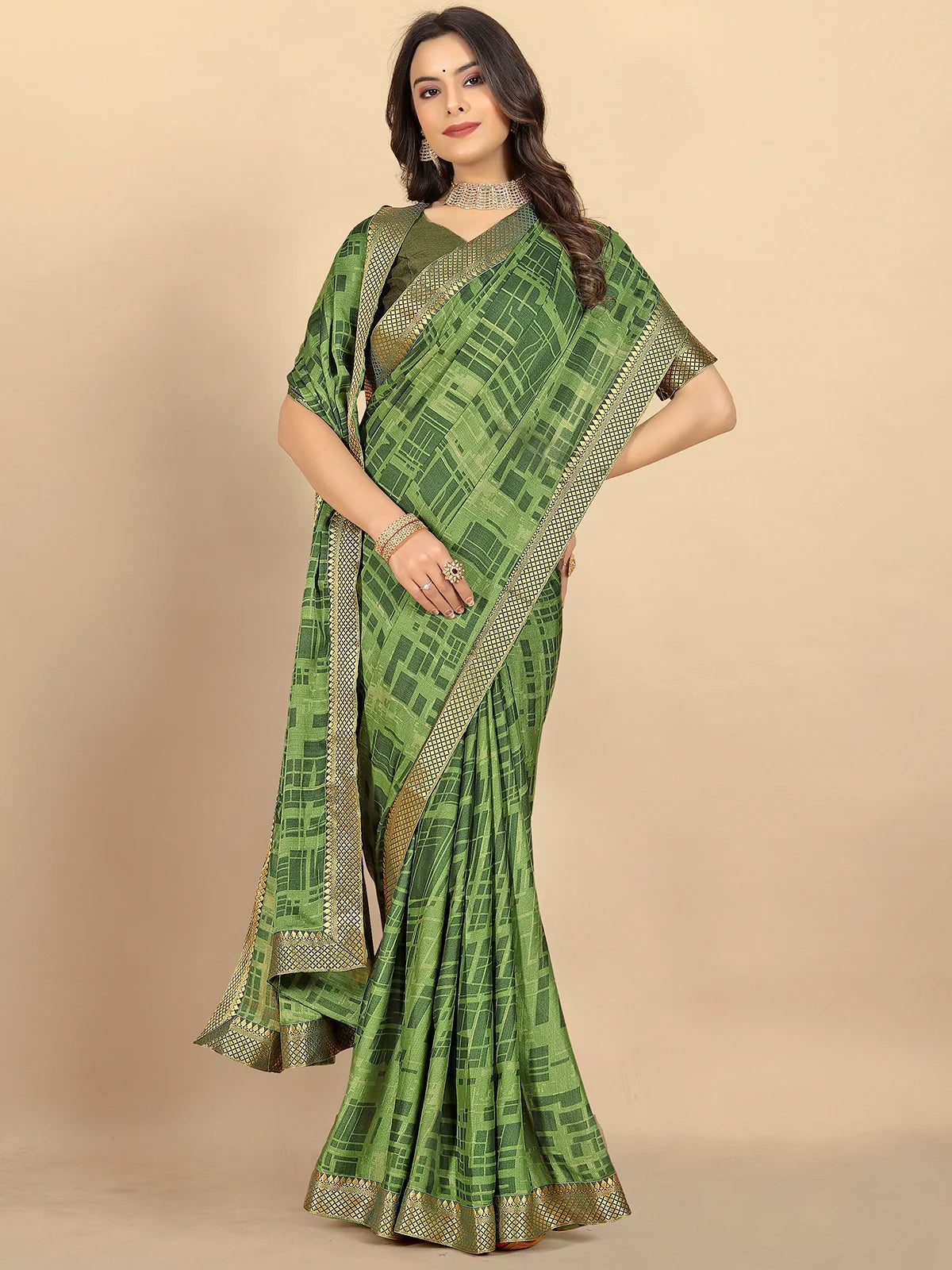 Buy Abstract Printed Moss Georgette Saree With Blouse Piece-Green