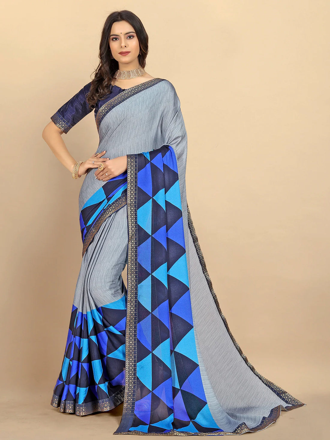 Buy Abstract Printed Moss Georgette Saree With Blouse Piece-Grey