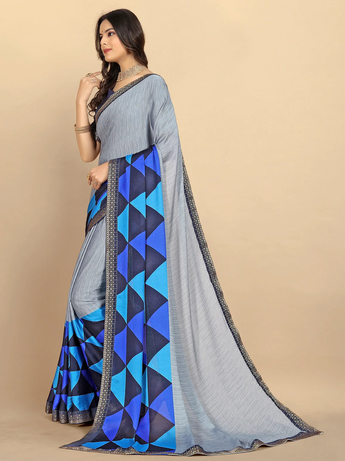 Buy Abstract Printed Moss Georgette Saree With Blouse Piece-Grey