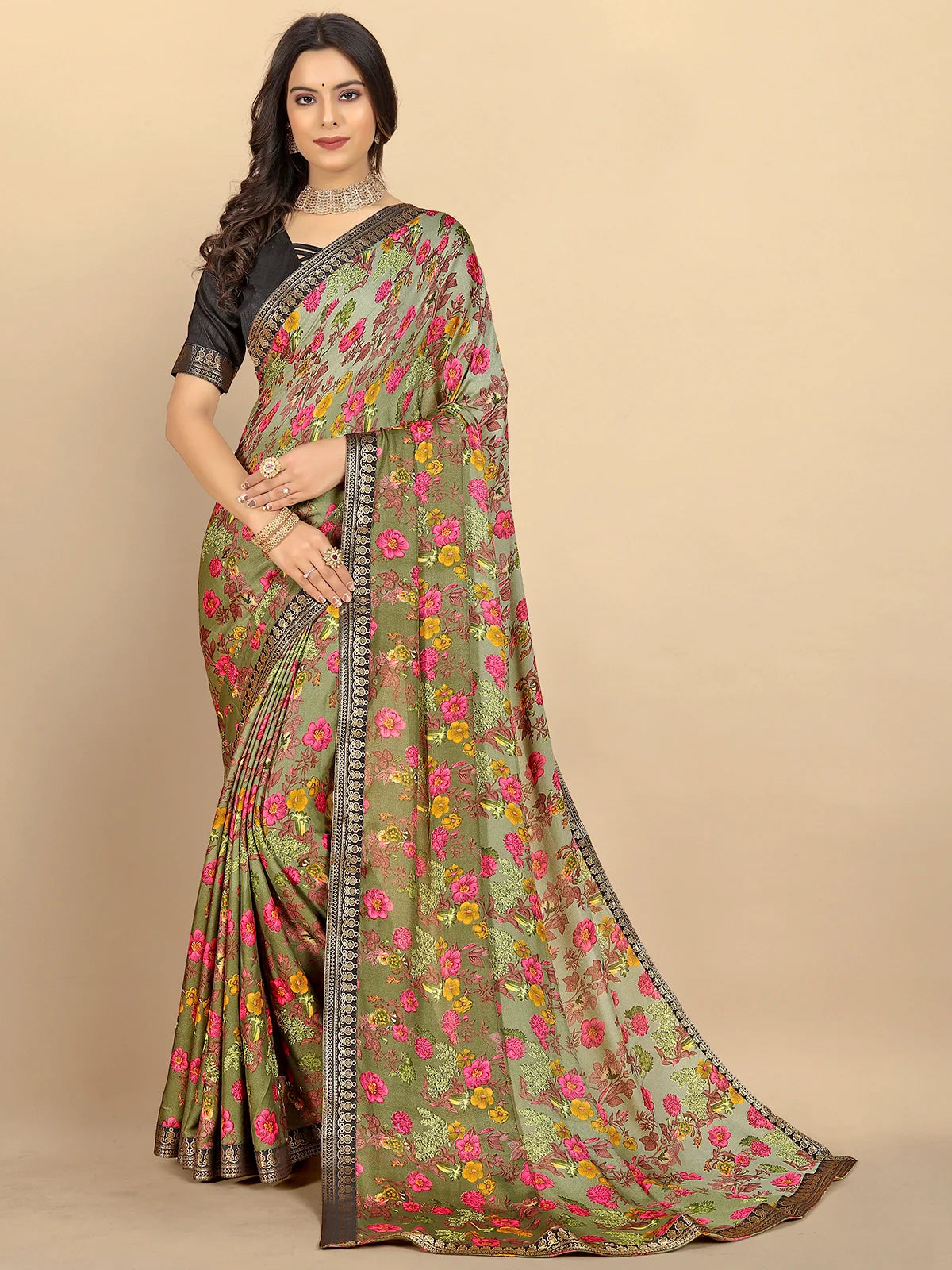 Buy Ombre Floral Printed Moss Georgette Saree With Blouse Piece-Olive