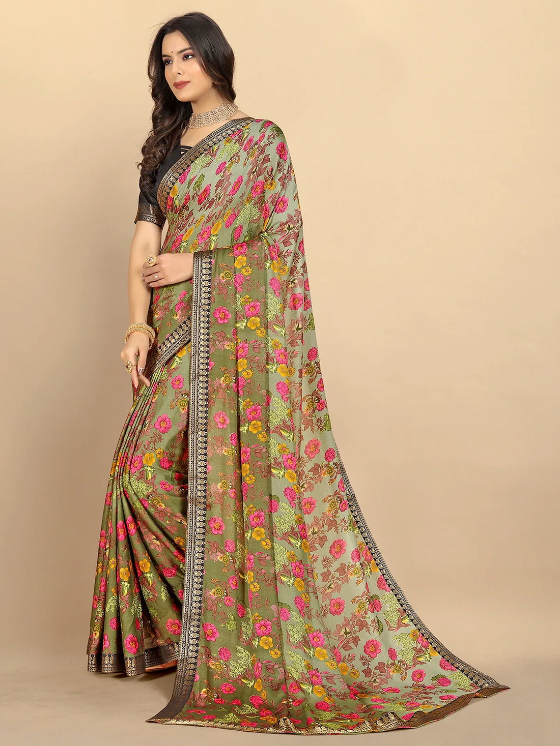 Buy Ombre Floral Printed Moss Georgette Saree With Blouse Piece-Olive