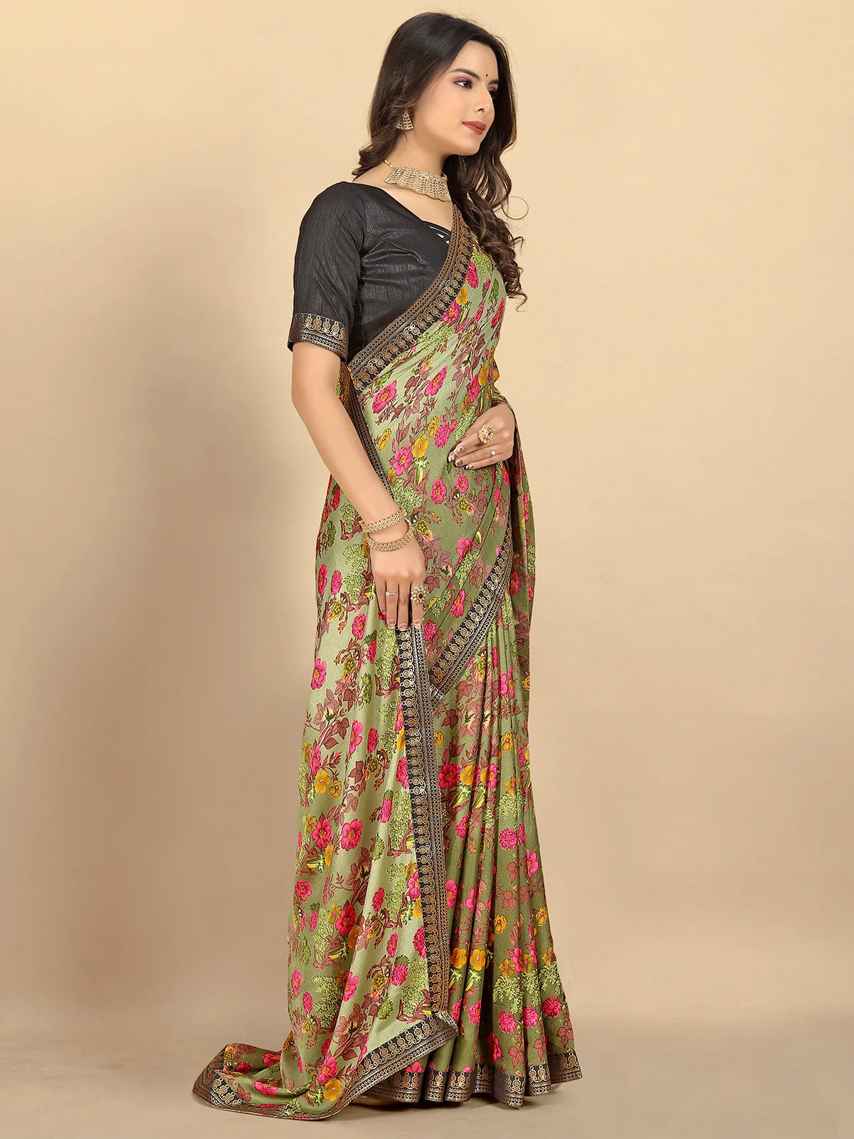 Buy Ombre Floral Printed Moss Georgette Saree With Blouse Piece-Olive