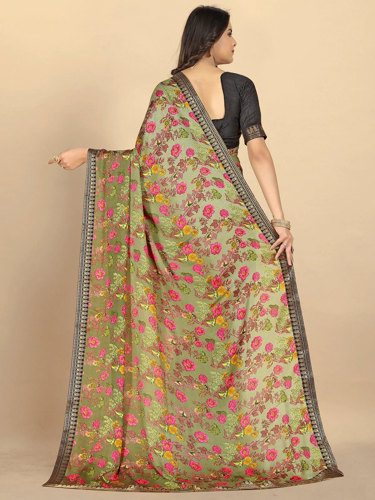 Buy Ombre Floral Printed Moss Georgette Saree With Blouse Piece-Olive