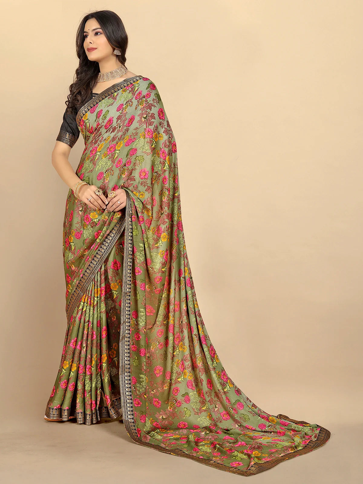 Buy Ombre Floral Printed Moss Georgette Saree With Blouse Piece-Olive