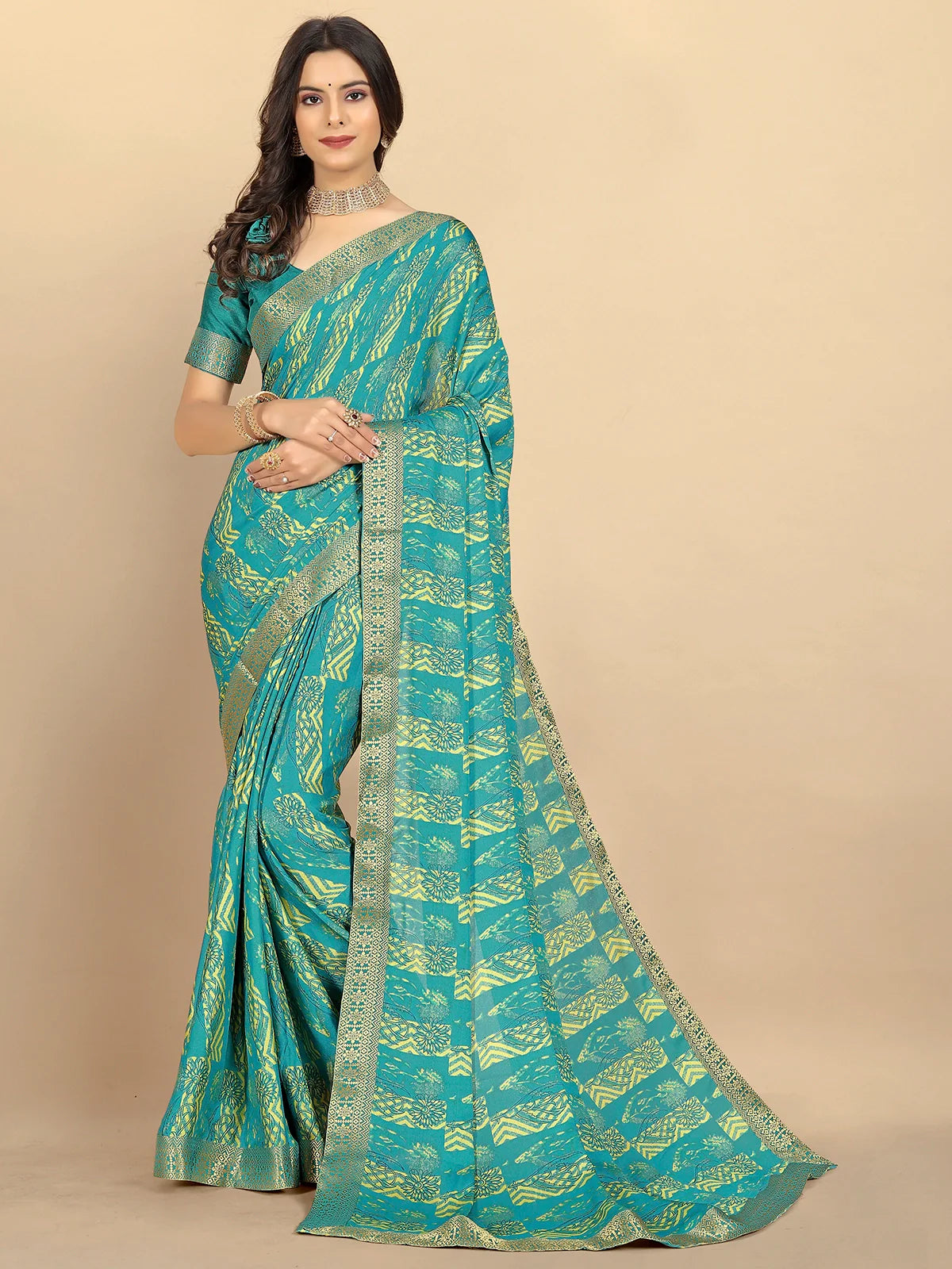 Buy Abstract Printed Moss Georgette Saree With Blouse Piece-Sea Green