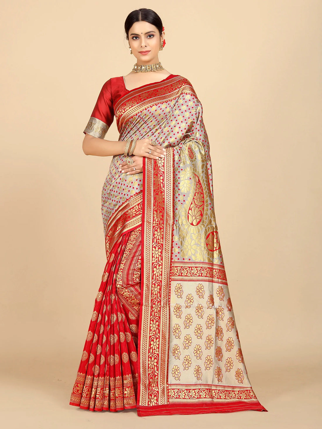 Buy Banarasi Silk Jacquard Saree With Blouse Piece-Beige
