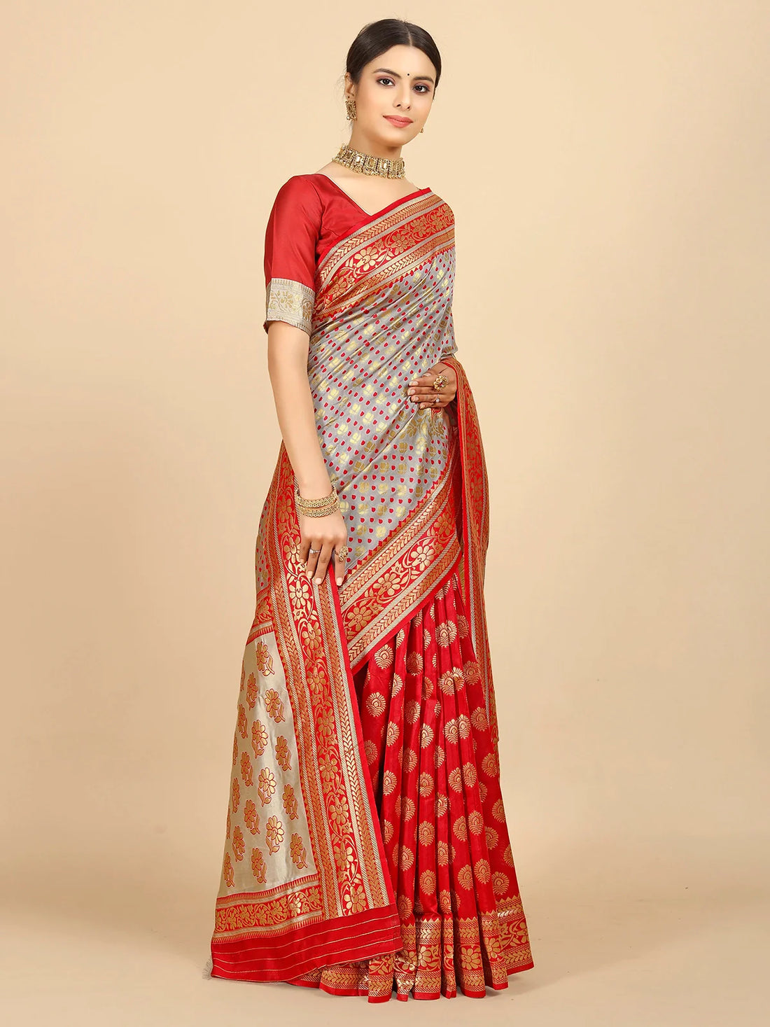 Buy Banarasi Silk Jacquard Saree With Blouse Piece-Beige